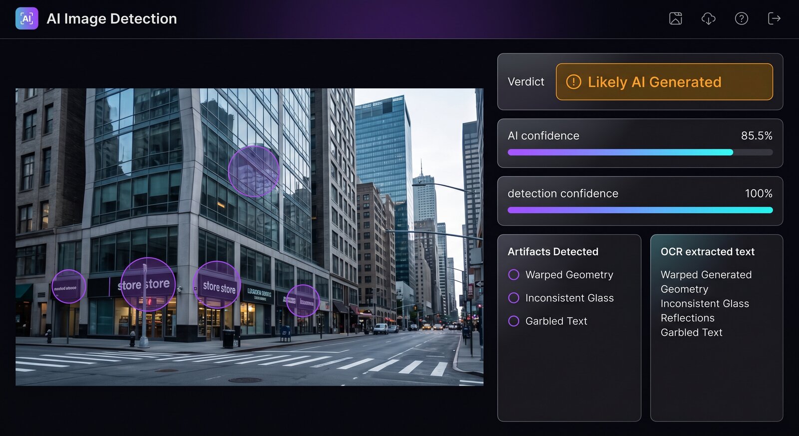 Dark futuristic UI mockup of an AI image detection tool analyzing a cityscape photograph with split-screen layout showing suspicious AI-generated cityscape with warped building edges and garbled store signs on the left, and analysis panel with Likely AI Generated verdict badge, confidence bars, artifacts detected list, and OCR extracted text on the right