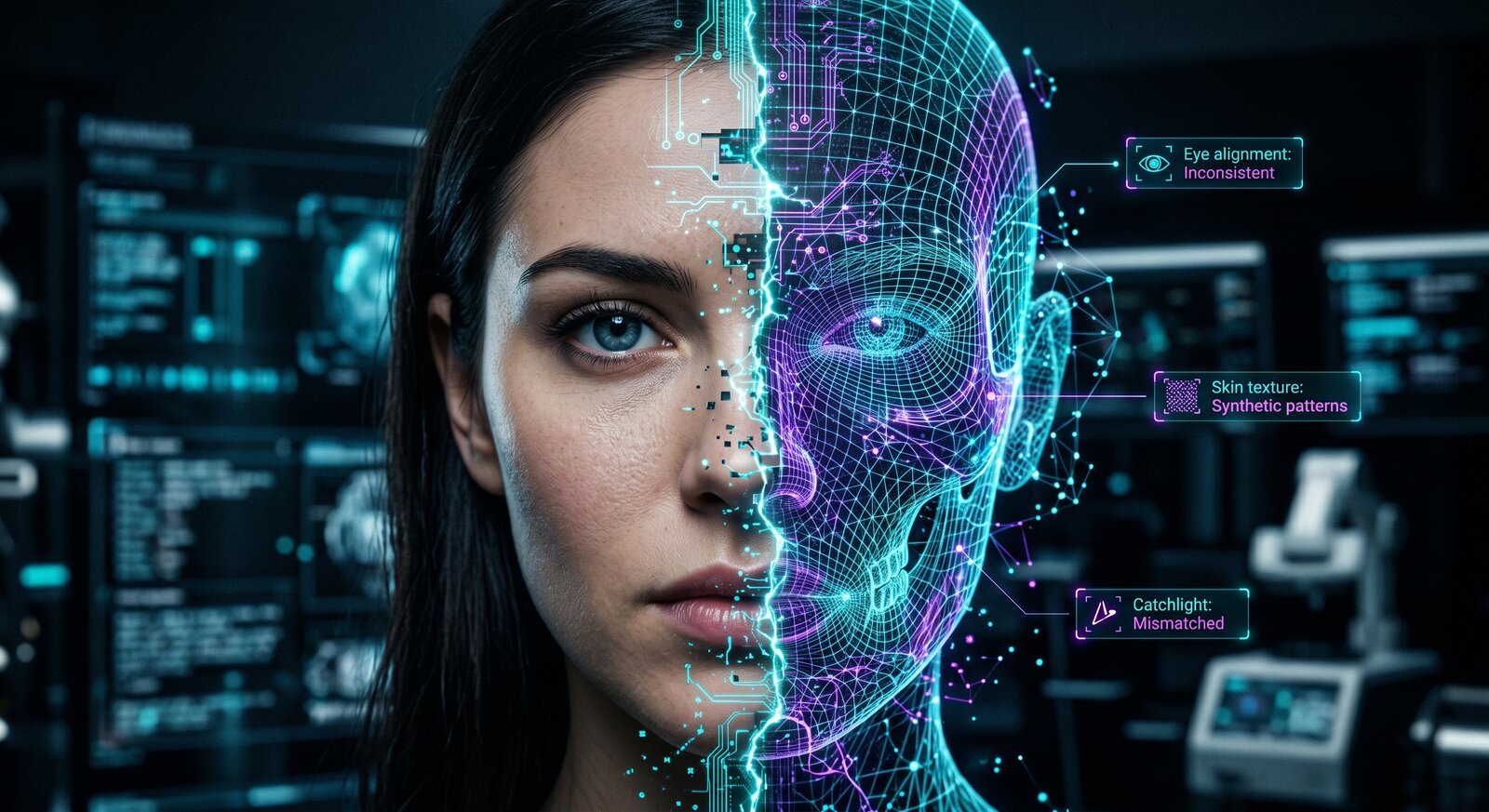 Dark UI visualization of deepfake detection showing a portrait split between photorealistic AI-generated face and wireframe mesh overlay with forensic analysis annotations, artifact markers, and confidence scoring panels
