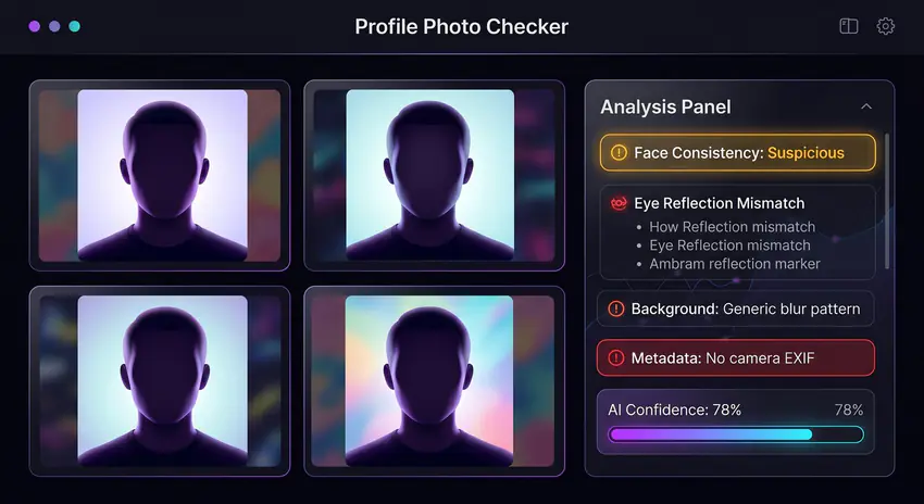 واجهة تفحص صورة شخصية وتعرض إشارات بصرية وبيانات الملف