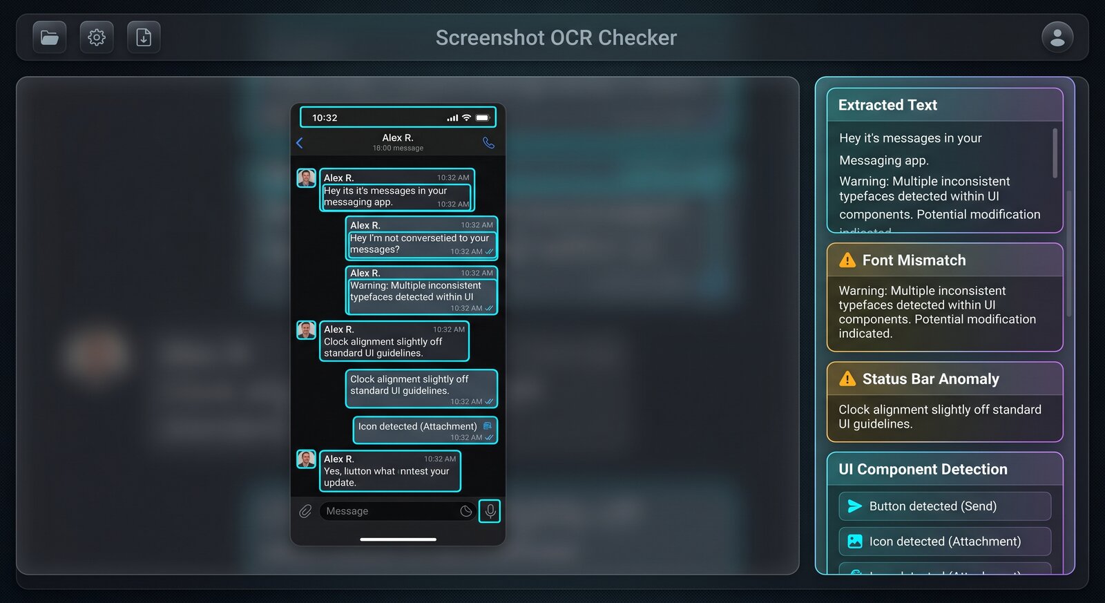 Dark UI mockup of a screenshot OCR analysis tool showing a mobile chat screenshot with cyan OCR text extraction boxes overlaid on chat bubbles, timestamps, and sender names, with analysis panel displaying Extracted Text list, Font Mismatch amber warning, Status Bar Anomaly warning, and UI Component Detection with labeled buttons and icons
